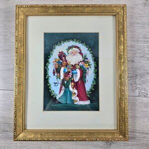 VTG Barbara Mock Art Print Gold Framed Jolly Saint Nick Old World Santa Signed